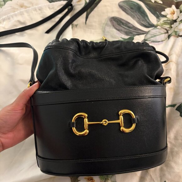 Gucci Black Leather 1955 Horsebit Drawstring Bucket Bag - Picture 2 of 6